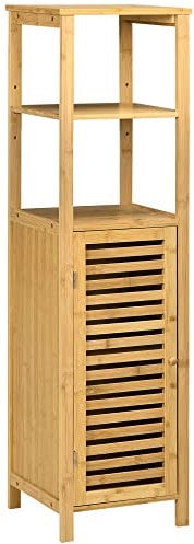 kleankin Armario Auxiliar de Baño de Bambú Estantería de Baño con 2 Estantes Abiertos y Puerta de Rejilla para Ducha Salón 32,9x29,9x120 cm Natural