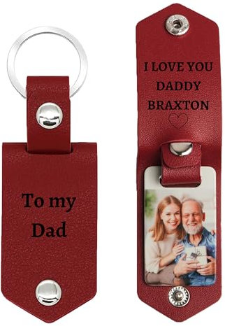 Porte-clés en cuir personnalisé avec photo/texte pour hommes et femmes, porte-clés photo personnalisés, cadeaux commémoratifs pour les amoureux de la famille (Vin rouge)