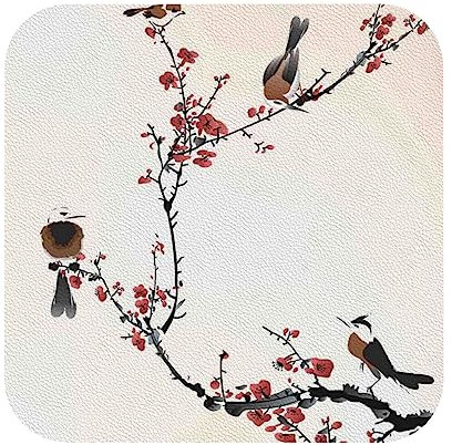 Untersetzer aus Leder mit Vogel- und Kirschbaum, für Damen und Herren, für verschiedene Tassen, Tische und Heimdekoration, 10,2 cm, 6 Stück