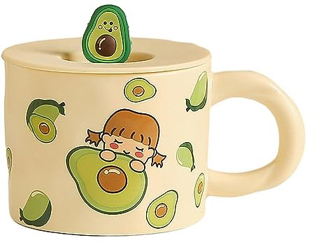 Taza de cerámica creativa y linda de 430 ml, horno de microondas disponible con tapa, taza de desayuno para el hogar, oficina, hogar, aguacate