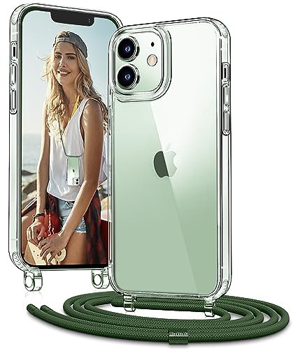 Vaykwo Handykette mit Band für Apple iPhone 12 Mini Hülle - Necklace Handyhülle - Transparente Case zum Umhängen mit Kameraschutz und Bildschirmschutz - DunkelGrün