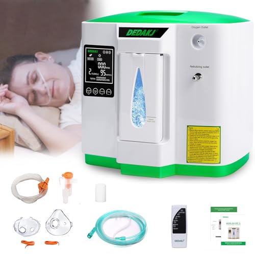 DEDAKJ Concentrador de Oxígeno, 30%-90%±3% Alta Pureza 2-9L / min Ajustable, Generador de Oxígeno de Flujo Hogar LED Portátil Con Control Remoto, Función de Atomización, Certificado por la CE(2AW)