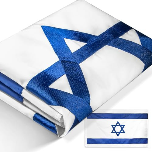 Anley EverStrong Series Drapeau d'Israël 0,9 x 1,5 m en nylon robuste – Rayures brodées et cousues – 4 rangées de coutures – Drapeaux nationaux israéliens avec œillets en laiton 0,9 x 1,5 m