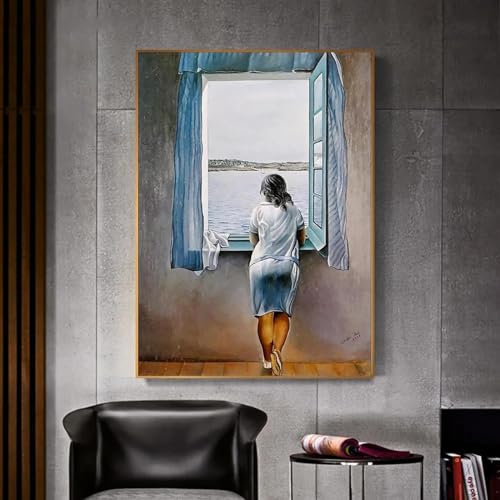 JACBON Gemälde „Mädchen am Fenster“, Leinwanddruck, Poster, Salvador Dali, Wandkunst, Frau, Meeresblau, Bild für Wohnzimmer, Heimdekoration, 40 x 60 cm, rahmenlos