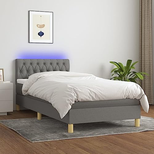 KTHLBRH Bed Frame Jugendbett Stauraumbett Boxspringbett mit Matratze & LED Dunkelgrau 90x200 cm Stoff