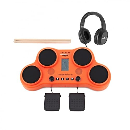 VISIONPAD-6 Tisch-Elektronik-Schlagzeug E-Drum 4 Pads, 2 Pedalen, Orange | Für Anfänger, anschlagdynamische Pads, Kick- und Hi-Hat-Pedale, 25 Rhythmusspiele, Kopfhöreranschluss für leises Üben