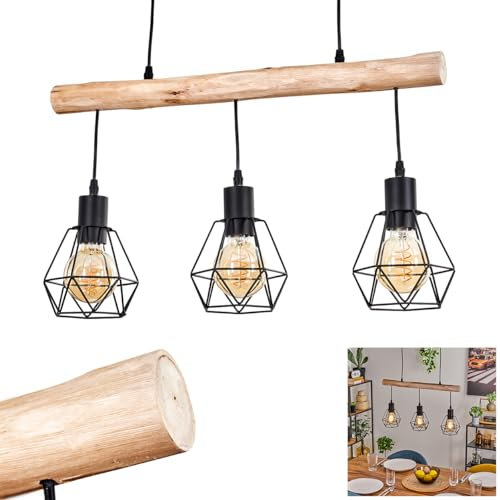 HOFSTEIN Hängeleuchte Yaak, Pendelleuchte aus Metall/Holz in Schwarz/Natur, Hängelampe im Retro/Vintage Design mit Schirmen in Gitter-Optik und Holzstab (60 cm), Höhe max. 132,5 cm, 4 x E27