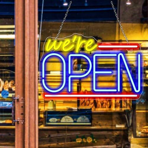 OYCGZV Panneau lumineux néon « We're Open » – Panneau lumineux néon rouge et bleu pour décoration murale We are Open – Applique murale LED USB pour bar, magasin, café, restaurant, club, magasin,