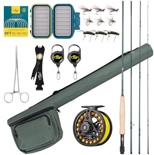 SF Fliegenruten-Kombi-Starter-Set, 4-teilig, 5 WT, 9 FT, Smaragdgrün, 24 Zähne, Karbonfaser, Forellen-Fliegenrute mit Rolle, Rutenetui, Fliegenbox mit Fliegen, konisches Vorfach, Knotenbindewerkzeuge