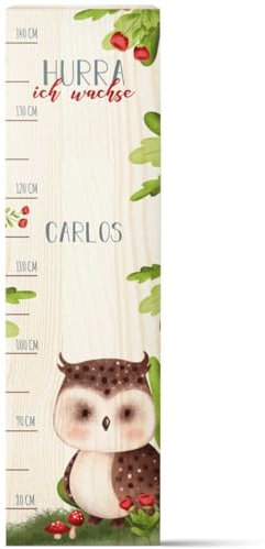 GRAVURZEILE Messlatte für Kinder aus Holz - Tiergruppe Wald - mit Namen für Kinderzimmer - Skala misst 80-140 cm - Größe 20 x 70 x 2 cm - Geschenk zur Geburt für Mädchen & Jungen - Eule