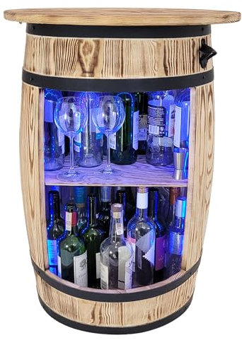 weeco Armoire de Bar avec Top blat et Lampes LED RGB – Tonneau en Bois – Casier à vin – Étagère décorative rétro – Fût en Bois avec Couvercle – Minibar, Table à gin, Whisky 80x55cm