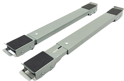 Base per lavatrice con ruote, carrello lavatrice con ruote, sposta mobili con ruote, in acciaio, regolabile in profondità da 44 cm a 75 cm, 2 ruote per lato, portata 300 kg, colore grigio.