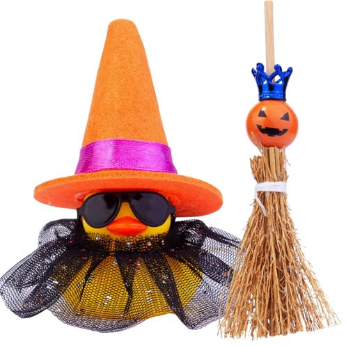 Mwmoeen Halloween Auto Gummi Ente Dekoration, lustige Ente Auto Armaturenbrett Ornamente mit Magic Hat Besen Rock Halskette und Sonnenbrille für Halloween Thema Party Gefälligkeiten(B5)
