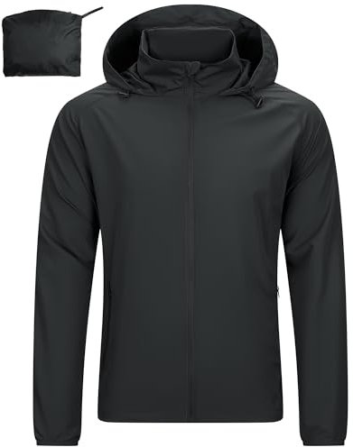 33,000ft Leichte Regenjacke Herren Wasserdicht Atmungsaktiv -Männer Dünne Outdoor Jacke Faltbar Windbreaker Wanderjacke Laufjacke zum Reisen Wandern Golf Schwarz L