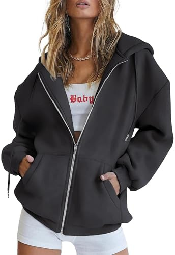 Timuspo Hoodie Damen Oversize Basic Sweatshirt Jacke Lang Sweatjacke mit Taschen Reißverschluss Kapuzenjacke Casual Kapuzensweatshirt Dunkelgrau M