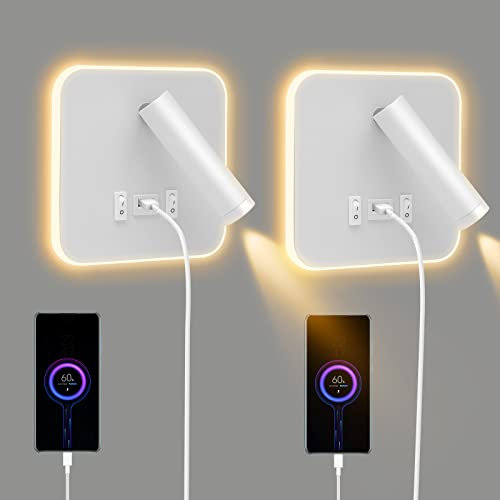 2Pcs Applique LED da Parete Interno, Applique da Parete LED con Interruttore e Ricarica USB, 12W Luce Caldo 3000k Luce da Lettura Comodino, Lampada LED Moderno per Camera da Letto Soggiorno Bagno(B)