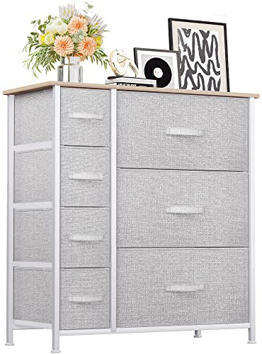 YITAHOME Commode, 7 Tiroirs en Tissu Commode Chambre Meuble de Rangement,Cadre en Métal,pour Chambre à Coucher, Salon,Gris Clair