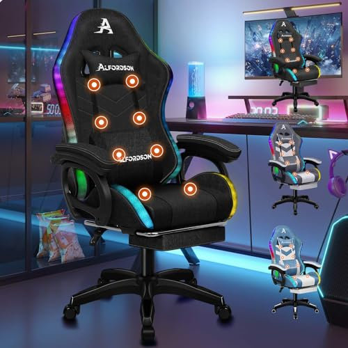 ALFORDSON Sedia da gioco con massaggio a 8 punti, luce LED RGB a 12 colori, sedia da ufficio ergonomica con poggiapiedi, poggiatesta e cuscino lombare per bambini e adulti, Tessuto, Nero