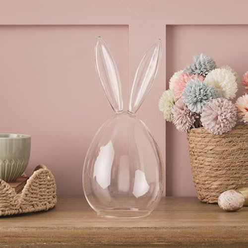 Lights4fun 30cm Glas-Osterei mit Hasenohren Osterdeko Glas Tischdeko Ostern Dekoration Oster-Glasglocke Glaskuppel Bunny Glass Dome Frühlingsdeko