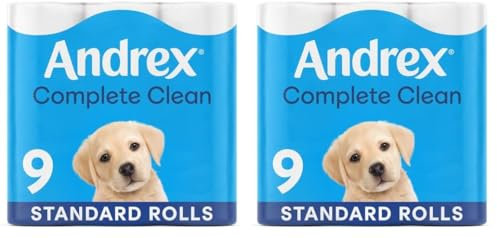 Andrex Complete Clean Toilet Tissue 9 Rolls (Previously Andrex Classic Clean) Unbeatable Toilet Paper with Unique 3D Wave, FSC Certified (Pack of 2)