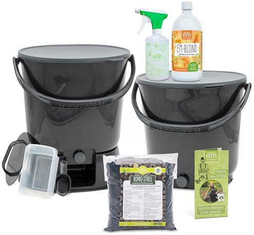EM-Chiemgau Komposteimer Küche Geruchsdicht [2er Set] je 15,3 L Volumen Küchenabfalleimer Bokashi Set Eimer Komposter mit Zubehör für Küchenabfall, Mülltrennung & Kompostieren | Biomülleimer schwarz