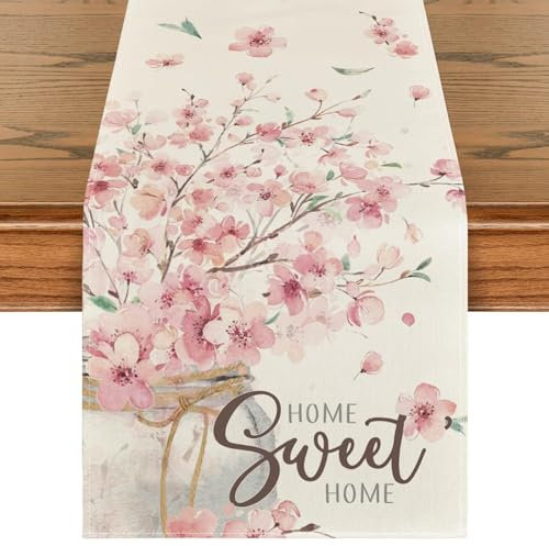 BSITSSS Frühling Tischläufer, Blumen Tischläufer Frühlingsdeko 33 x183 cm,Tischläufer Kirschblüten Deko Tischläufer Geburtstag Modern für Drinnen und Draußen Urlaub Party Wohnzimmer Dekor