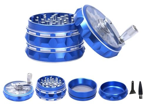 TIRIRS 2.5 4 Pieces Hand Cranked Clear Top Herb Grinder - Aluminium Spice Grinder with Pollen Scraper and Cleaning Brush, Foldable Handle - Blue and Silver