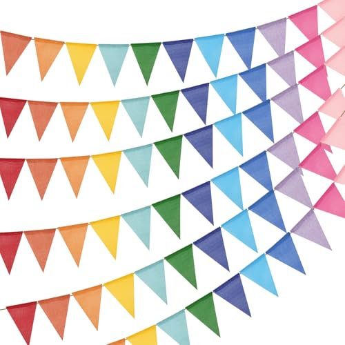 jijAcraft Wimpelkette Outdoor Wetterfest Regenbogen: Girlande Wiederverwendbar 20M für Garten Bunt Jute Wimpelgirlande mit 60 Stück Wimpel für Camping 3 Stück Deko Wimpelkette für Geburtstag
