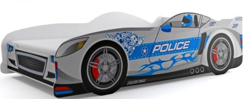 All4All Autobett - Cars - Bett - Kinderbett - 80x160cm - Rennwagenbett - Polizeiauto - Jugendbett - Spielbett (Polizeiauto, mit Matratze)