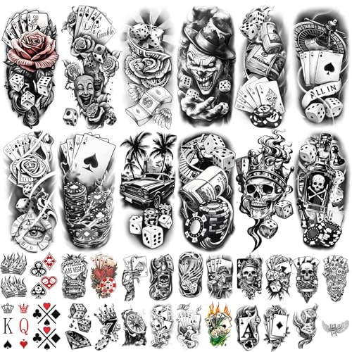 Tatouages temporaires Casino 77 feuille pour femmes et hommes, 17 grands pour mi-bras avec Poker Dés Lion Clown, 60 petits motifs comme Ange Dollar Crâne mort Autocollants pour adultes et enfants