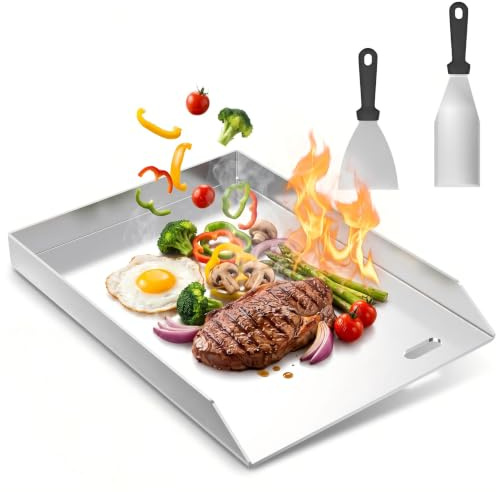 YRHome Plancha Grillplatte 30x40x4cm - 4mm Edelstahl Grillblech für Gas & Holzkohle, mit Grillspachtel & Schaber - Rostfrei, hitzebeständig - Universal für BBQ, Steak, Gemüse (Ohne Griff)