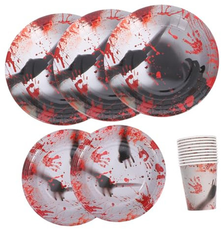 NIYANGLE Platos y De Fiesta De Halloween Diseño De Manos Sanguinolentas Set De Platos Desechables Para Decoración De Cumpleaños De Terror