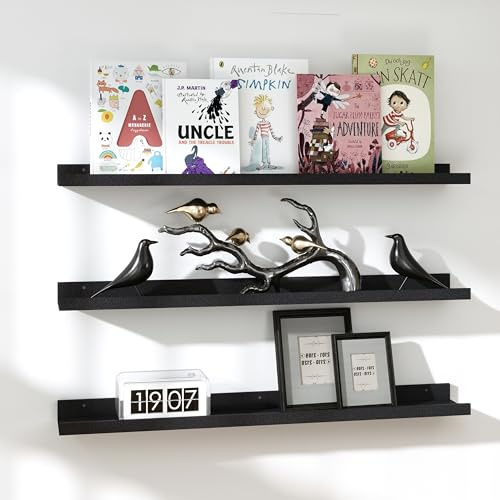 RICHER HOUSE Wandregal Schwarz,120x13 cm, Schweberegal aus MDF Holz,3er Set | Bilderleiste, Wandboard, Regal Wand für Fotorahmen und Dekos, Wohnzimmer, Kinderzimmer, Schlafzimmer, Küche, Badezimmerwand