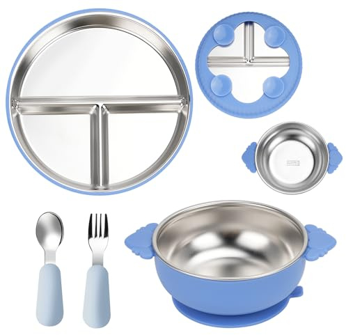 Noosverl Lot de 2 assiettes à ventouse en acier inoxydable pour enfants, 1 fourchette et cuillère en acier inoxydable, antidérapants, accessoires BLW, passent au lave-vaisselle, sans BPA, bleu
