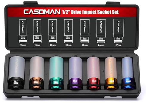 CASOMAN 7PCS 1/2 Drive Deep Lug Nut Impact Socket Set, Non-marring & Thin Wall Wheel Protector, Color-Coded, 85mm Length, 6 Point, Metric, CR-MO