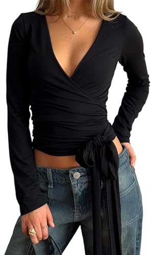 Felcia Y2K Damen Wickeltop mit Kreuzbindung, lange Ärmel, tiefer V-Ausschnitt, bauchfreies Shirt, schmale Passform, Tanz-Bolero, Shrug Fairy Yoga, Workout, Bluse