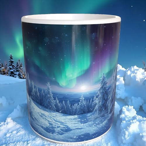 Tasse 330 ml Tassendruck Polarlichter Aurora Borealis Winter Wald Schnee Sonnenaufgang Keramik Kaffeetasse Mug Cup Kaffee Tasse Geschenkidee Wald sonne mond nordlicht design sonne mond glitzern