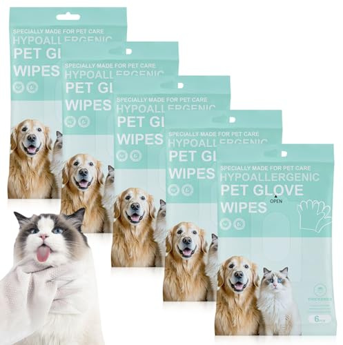 Behogan Lot de 30 gants de nettoyage hypoallergéniques pour chiens et chats : gants de toilettage à base d'eau pour animaux de compagnie, gants de nettoyage doux pour chats et chiens
