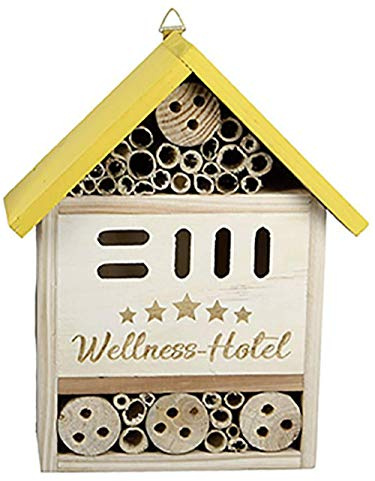 Steinnache Insektenhotel Wellness, 5-Sterne Design mit gelbem Dach, Nistkasten für Bienen und Insekten aus Naturholz, Mehrere Kammern mit Bambusröhren