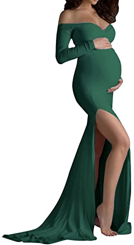 Dasongff Robe Femme Enceinte Grossesse Robe Grossesse Shooting Photo Col en V Manches Longues Robes d'allaitement Fendue Robes de maternité avec Ceinture pour Mariage Soirée Cocktails Cérémonie