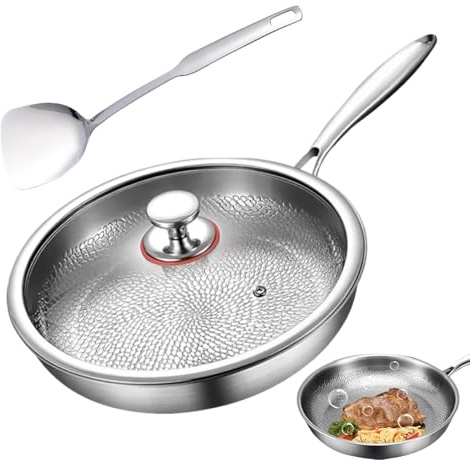 Poêle à frire antiadhésive – Batterie de cuisine en acier titane avec spatule à couvercle, sauteuse professionnelle de qualité restaurant, de cuisson durable | Équipement de cuisine complet po