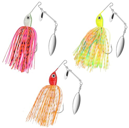3 Stück Angel Köder Set，Chatterbait Multi Tail Spinnerbait Angelköder Barsch Blinker Forellen Spoon Hecht Köder Kunstköder Gummiköder Forellenköder Fishing Bait mit Silikon Skirt, Scharfer Haken