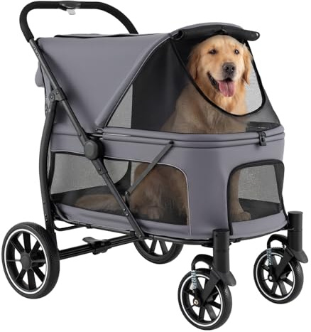 FANTASK Klappbarer Hundewagen bis 40 kg, Haustierbuggy mit 4 Rädern, Verstellbarem Dach, Netzfenstern & 3 Taschen, Pet Buggy für Hunde & Große Katzen (Grau)