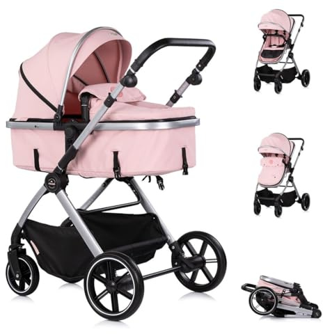 Chipolino Kombikinderwagen Pearl 2 in 1 umbaubar Rucksack Fußsack Korb Federung rosa