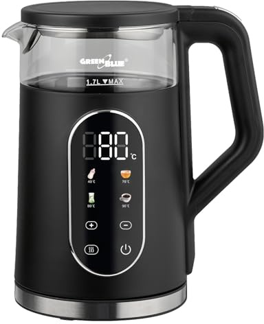 GreenBlue GB670 B Kabelloser Wasserkocher 1,7 l 2200 W | Temperaturregelung 40–100 °C in 5-°C-Schritten, Voreinstellungen 40, 70, 80, 90 °C, Warmhaltefunktion 2 h | Touch-Display, Kalkfilteri
