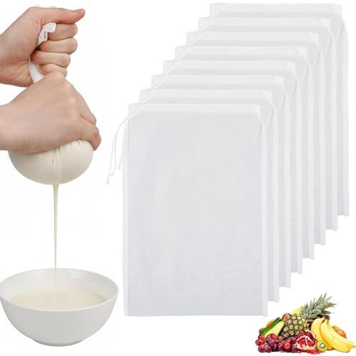 ITCGOB 8 Pezzi Sacchetti Filtro per Latte Vegetale, 30x20cm Garza Alimentare in Nylon Riutilizzabile con Coulisse, Filtro per Alimenti per Succhi, Formaggio, Vino e Caffè, Maglia Fine, Bianco
