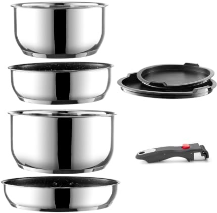 Batterie de Cuisine Inox 7 pièces, Poêles et Casseroles Induction sans PFAS | Poignée Amovibl, Empilable et Lavable Lave-Vaisselle, Résistante au Four, pour Toutes Plaques, Maison Camping Pique-Nique