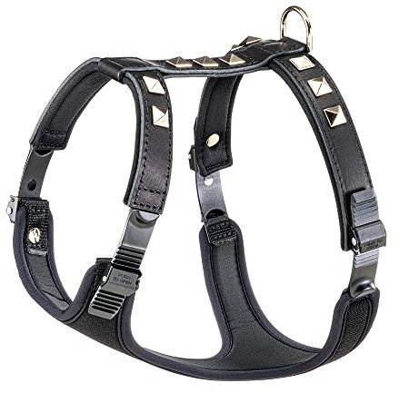Ferplast Hundegeschirr mittelgroße Hunde Giotto Luxor MEDIUM, aus echtem Leder mit silbernen Nieten, Halsumfang: 38-46 cm, Brustumfang: 57-65 cm, Schwarz