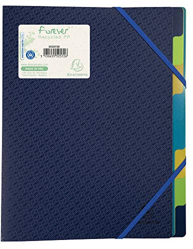 Exacompta 552572E Ordnungsmappe Forever aus Recycling-Kunststoff für DIN A4, 8 Fächer mit bunten Taben, 2 Gummizüge Blau