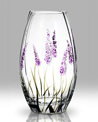 Quality PURPLE LAVENDER Design Round Glass Flower Vase - Mouth Blown/Hand Decorated Glass - Ideal Birthday/ House Warming / 3rd Wedding 20cm